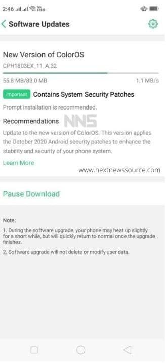 OPPO A3 October 2020 patch update